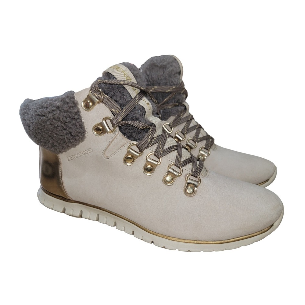 COLE HAAN ZeroGrand Women's Sz 8B Beige Leather Waterproof Lined‎ Ankle Booties